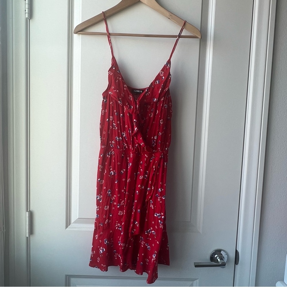 EXPRESS Red Floral Ruffle Wrap Cami Mini Dress Size S